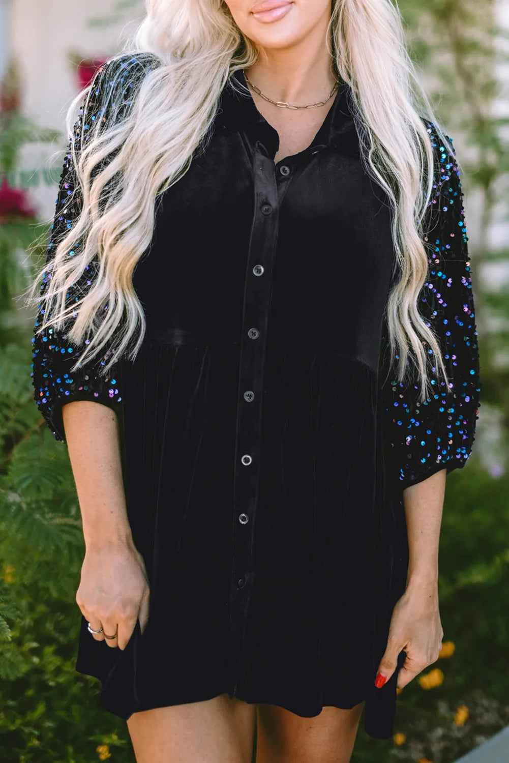 Sequin Collared Neck Three-Quarter Sleeve Oversize Shirt - Black / S