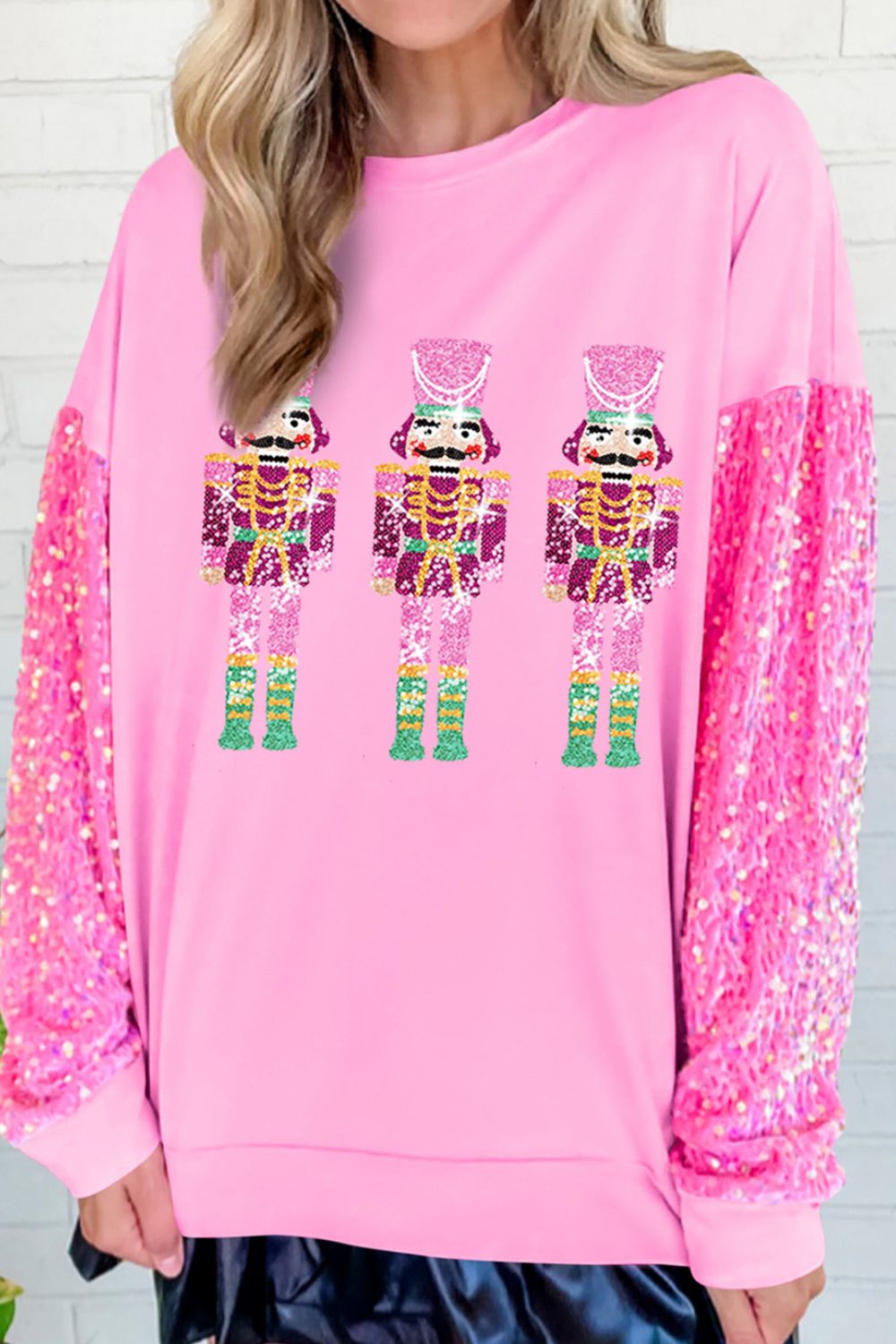 Sequin Nutcracker Dropped Shoulder Sweatshirt - Pink / S
