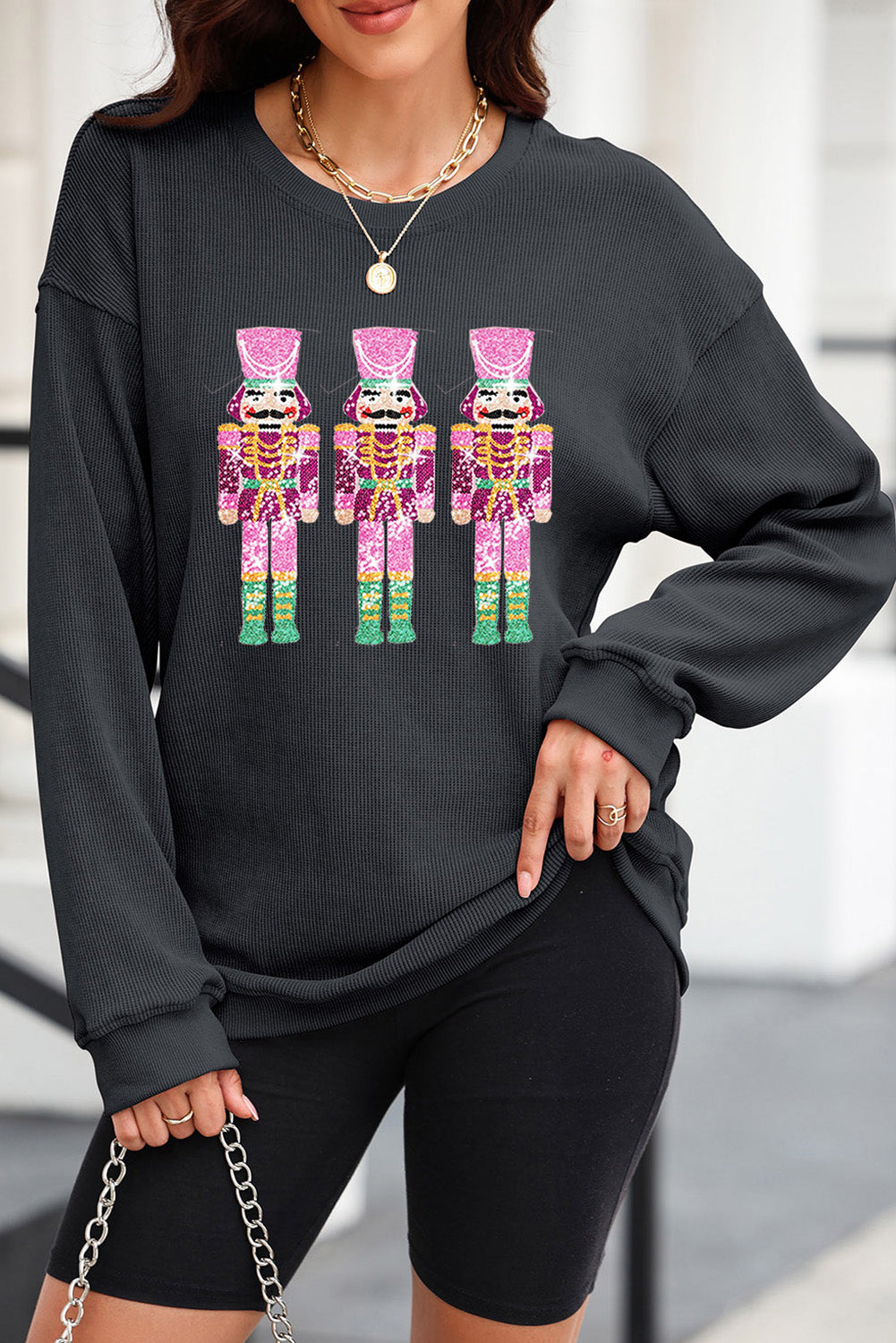 Sequin Nutcracker Round Neck Long Sleeve Sweatshirt - Black / S