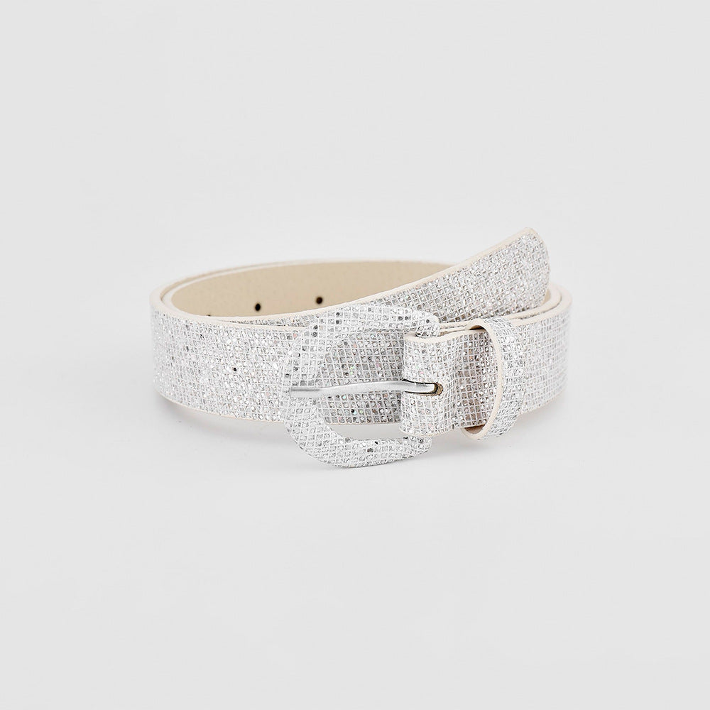 Sequin PU Leather Belt - Silver / S