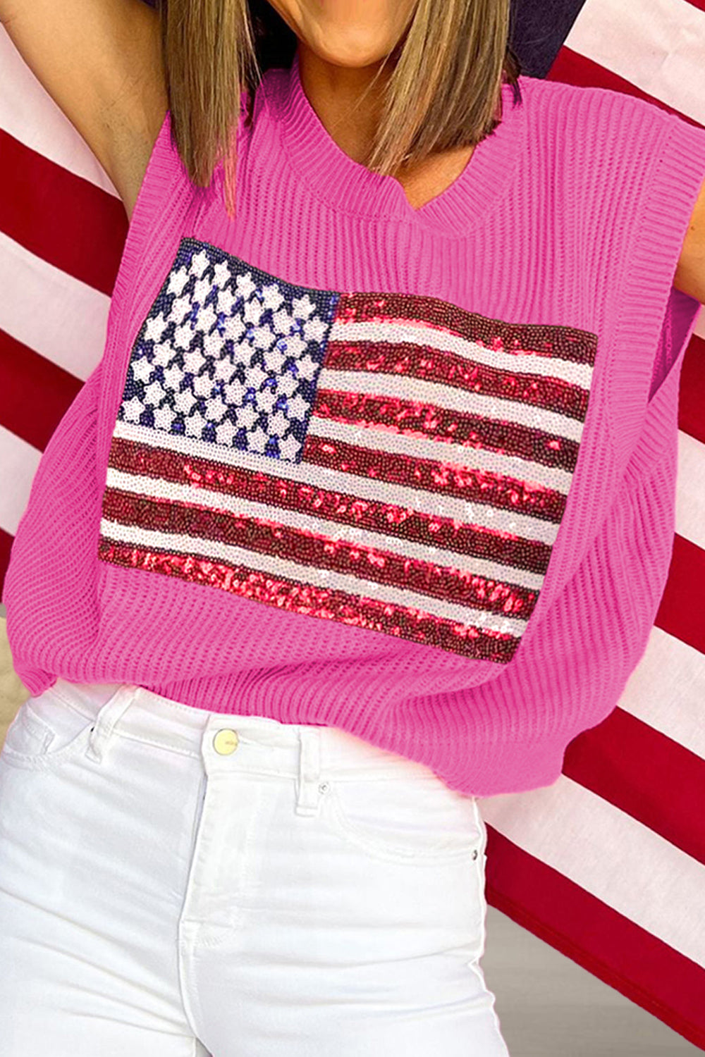 Sequin US Flag Round Neck Sweater Vest - Fuchsia Pink / S