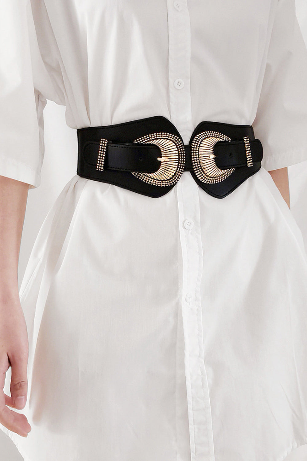 Shell Double Buckle Elastic Wide Belt - Black / One Size