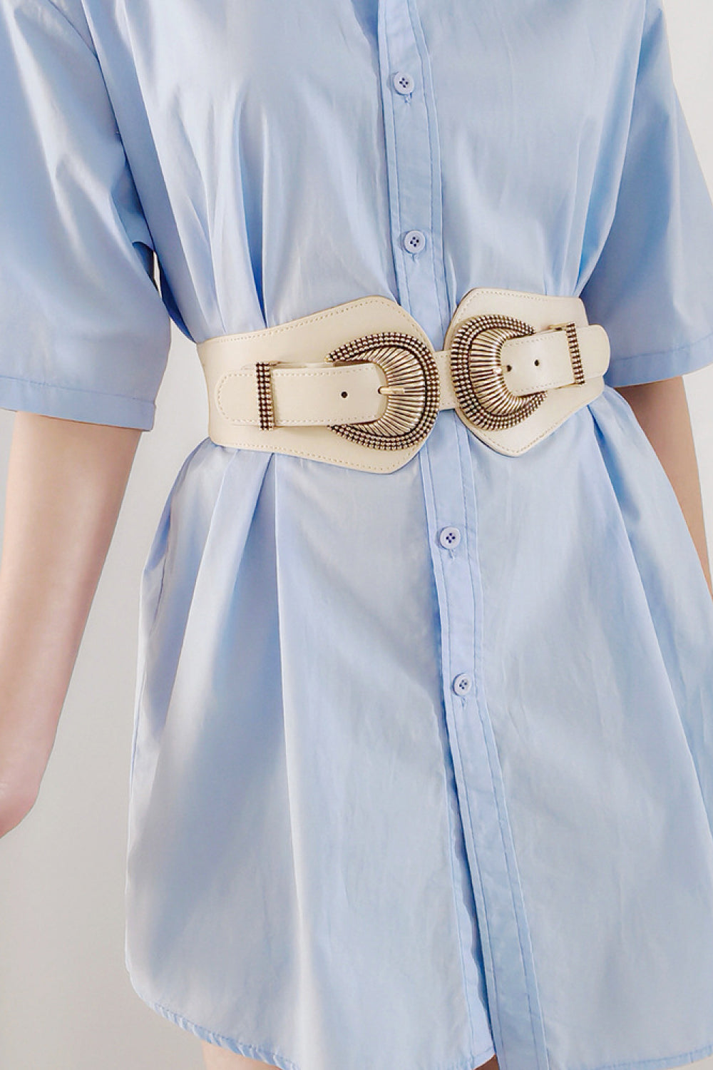 Shell Double Buckle Elastic Wide Belt - Cream / One Size