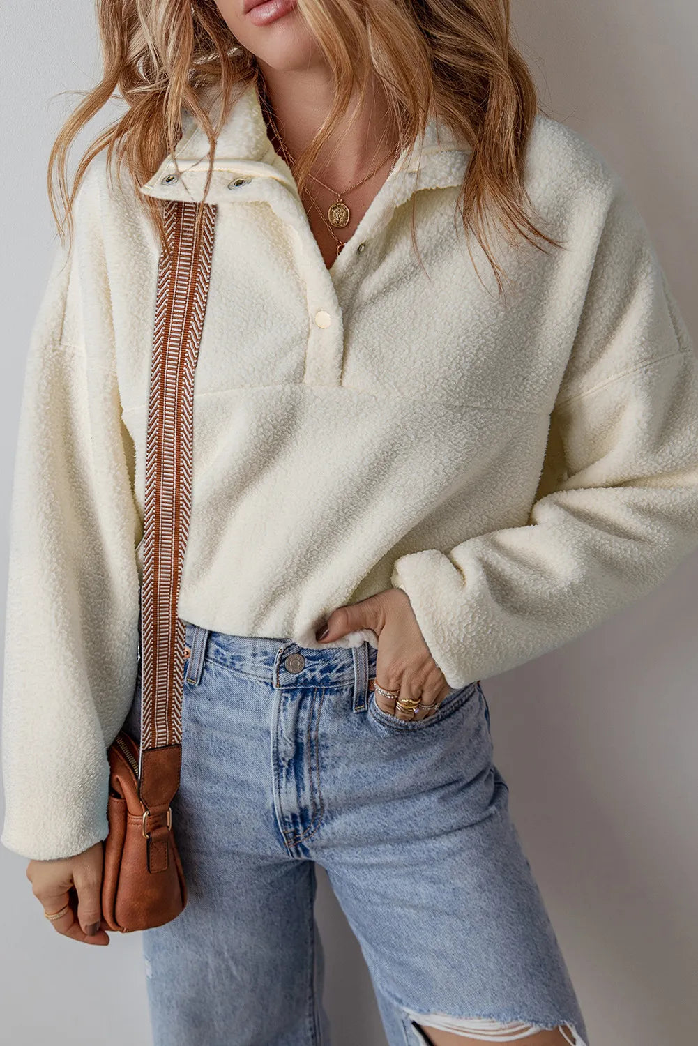 Sherpa Half Snap Long Sleeve Jacket - Ivory / S