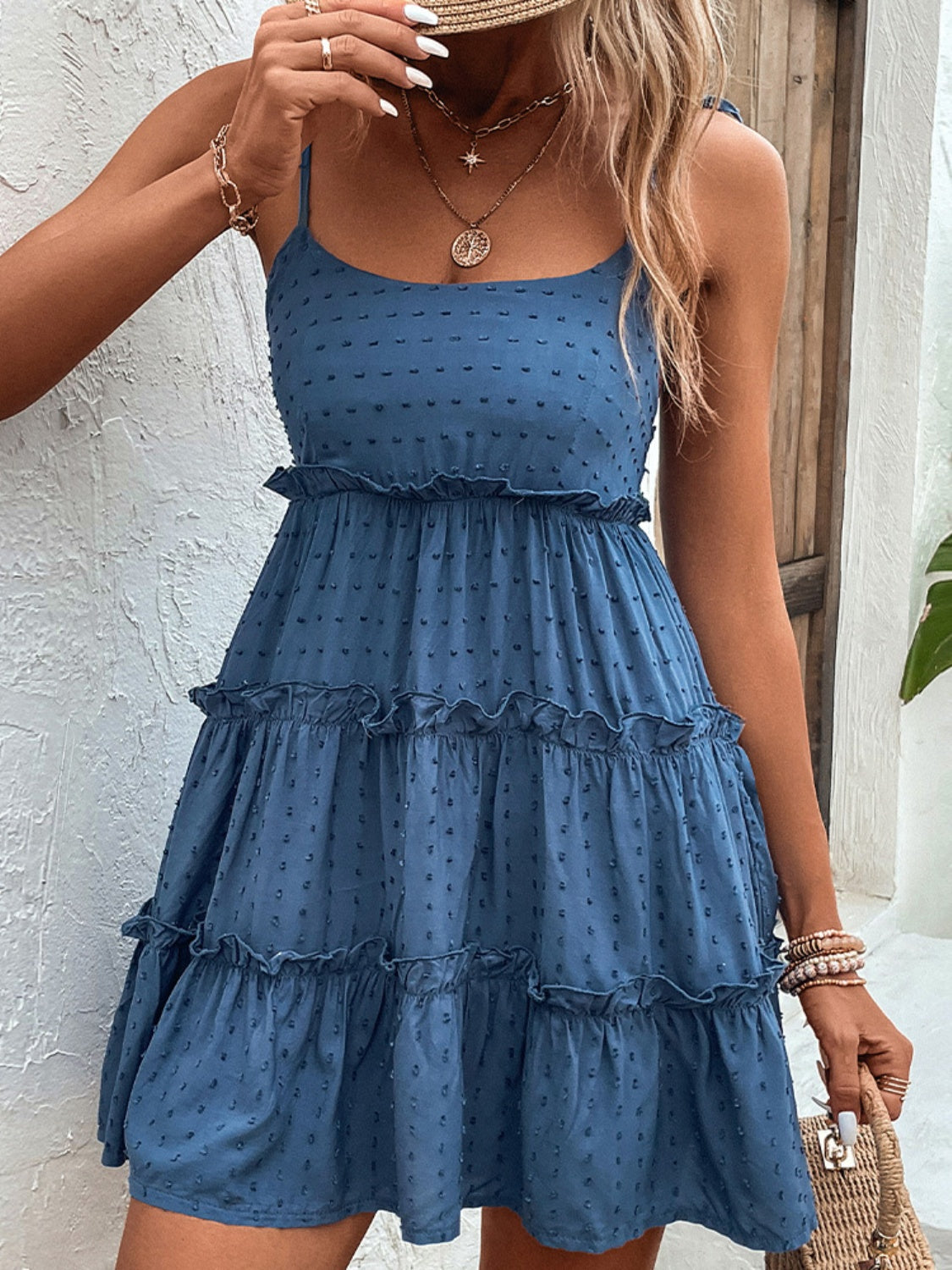 Shiny Frill Spaghetti Strap Tiered Dress - Dark Blue / S
