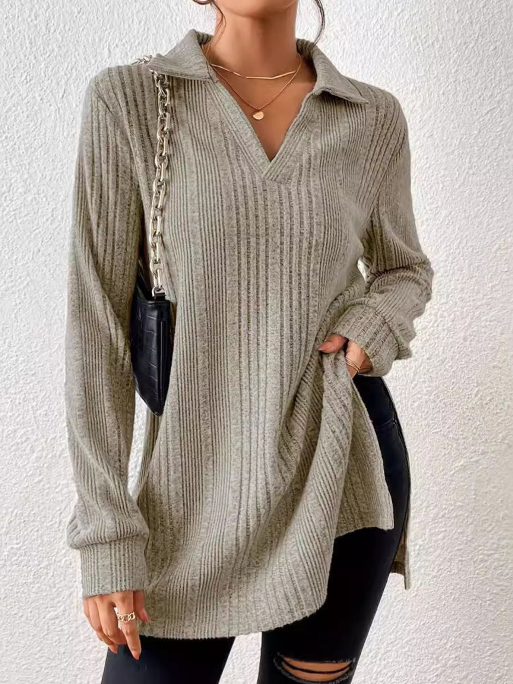 Slit Johnny Collar Long Sleeve Top - Khaki / S