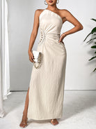 Slit One Shoulder Sleeveless Maxi Dress - Beige / S