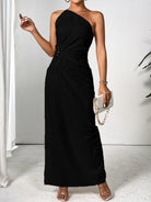 Slit One Shoulder Sleeveless Maxi Dress - Black / S