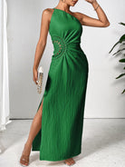 Slit One Shoulder Sleeveless Maxi Dress - Dark Green / S