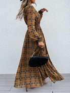 Slit Plaid Tie Neck Long Sleeve Maxi Dress