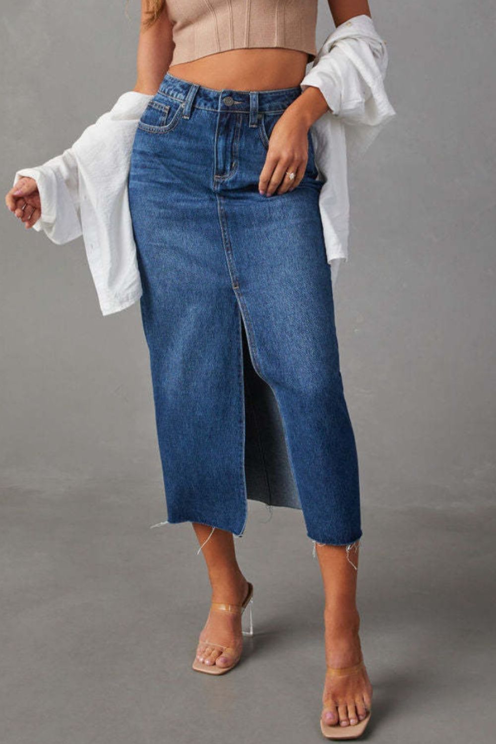 Slit Raw Hem Midi Denim Skirt - Dark Blue / S