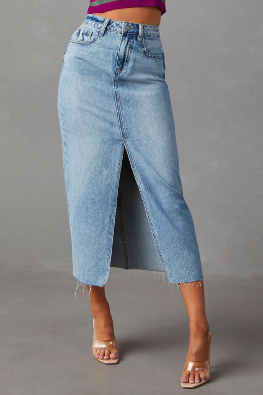 Slit Raw Hem Midi Denim Skirt - Light Blue / S