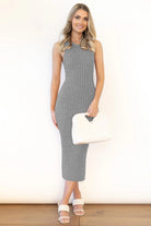 Slit Ribbed Round Neck Sleeveless Dress - Gray / S