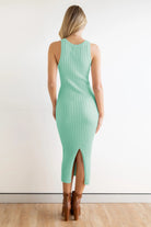 Slit Ribbed Round Neck Sleeveless Dress - Gum Leaf / S