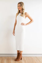 Slit Ribbed Round Neck Sleeveless Dress - White / S