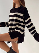 Slit Striped Round Neck Sweater - Black / S