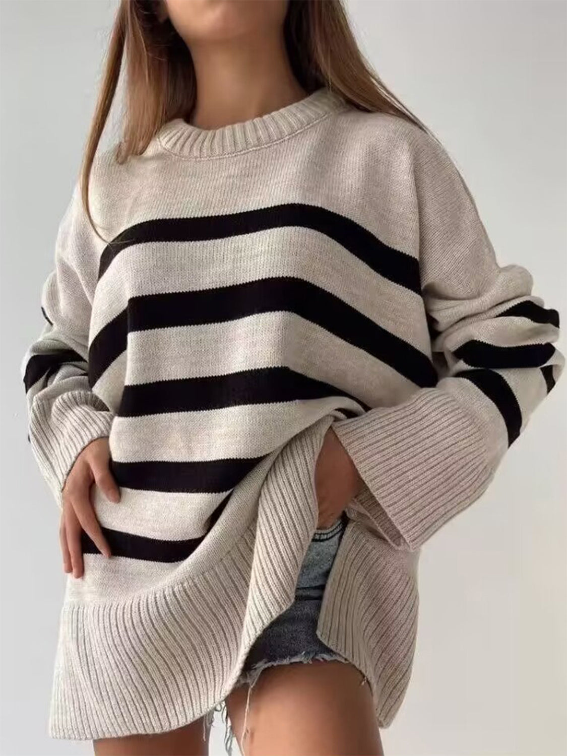 Slit Striped Round Neck Sweater - Dust Storm / S