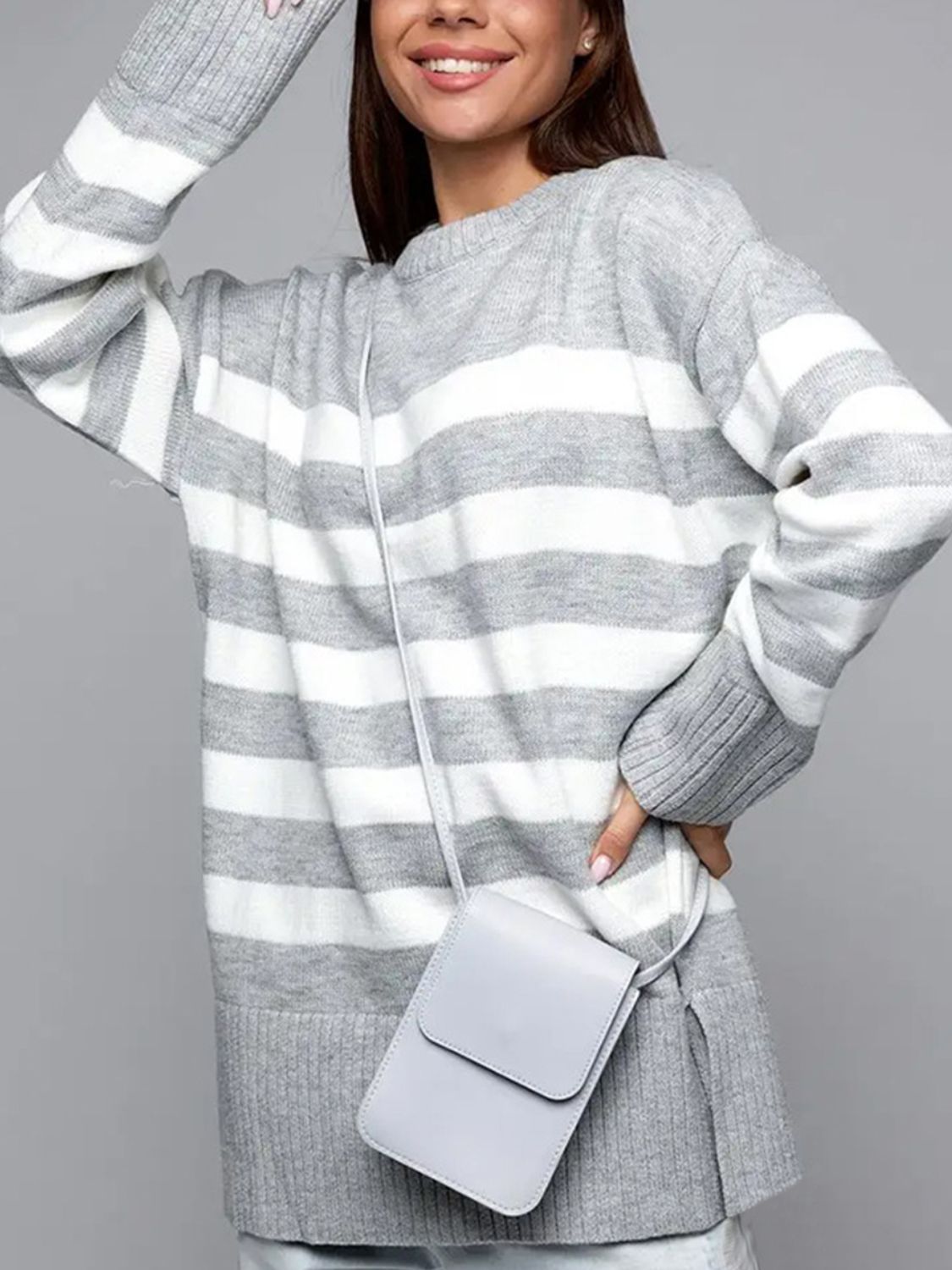 Slit Striped Round Neck Sweater - Light Gray / S