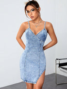 Slit Surplice Spaghetti Strap Denim Dress - Medium / XS