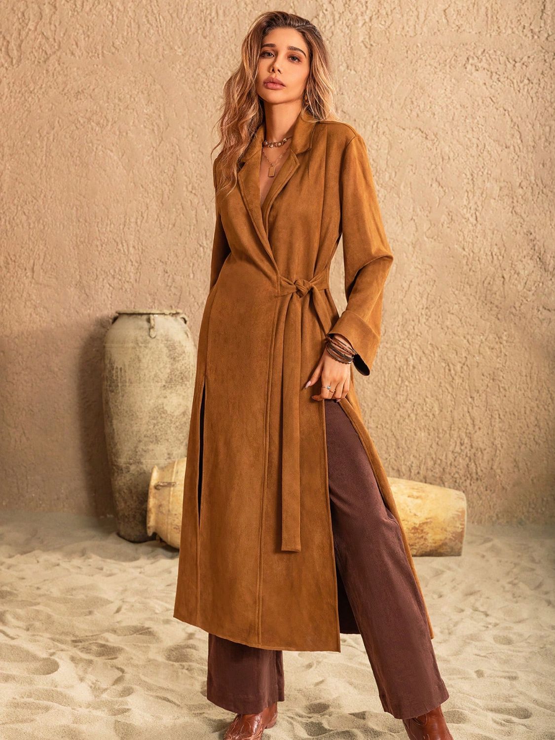 Slit Tied Collared Neck Longline Coat - Caramel / S