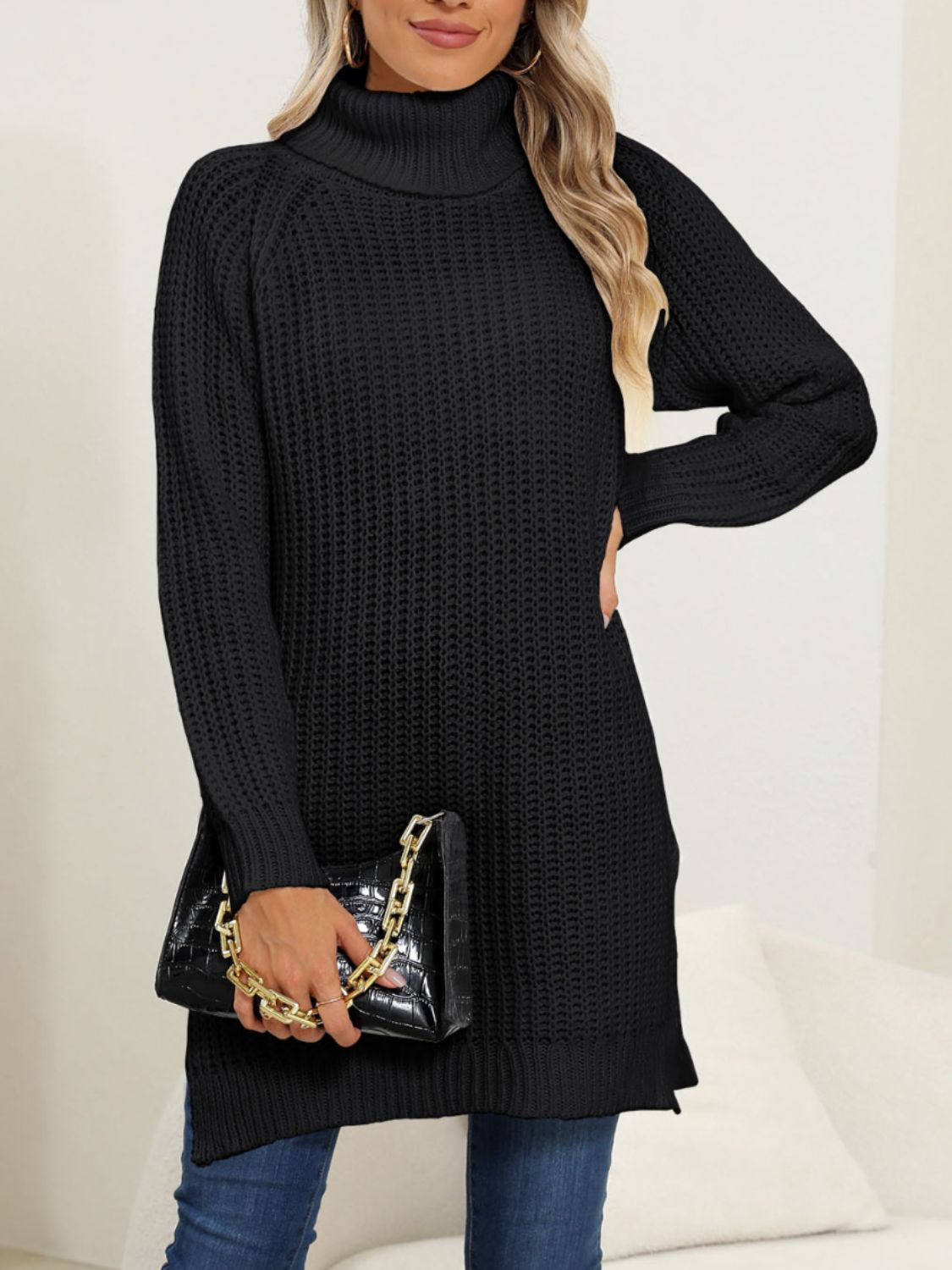 Slit Turtleneck Long Sleeve Sweater - Black / S