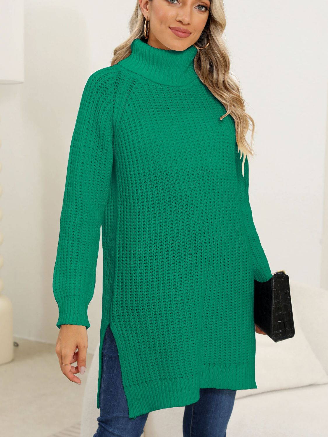 Slit Turtleneck Long Sleeve Sweater - Dark Green / S