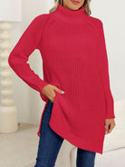 Slit Turtleneck Long Sleeve Sweater - Scarlet / S