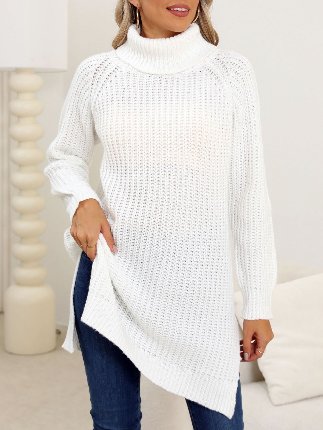 Slit Turtleneck Long Sleeve Sweater - White / S