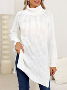 Slit Turtleneck Long Sleeve Sweater - White / S