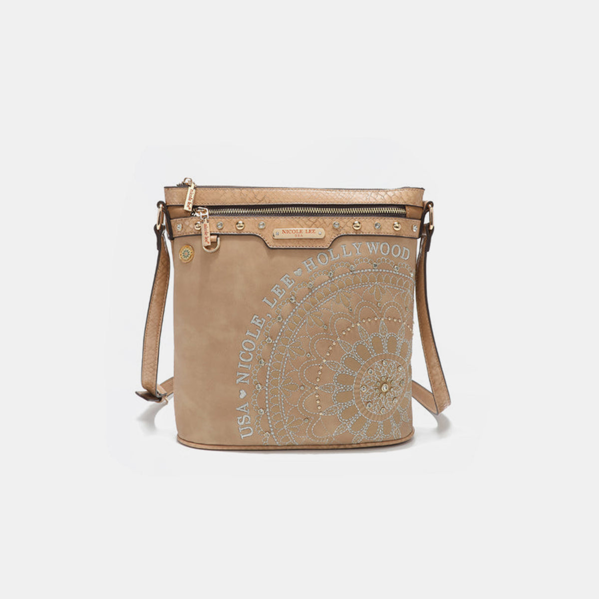 Small Metallic Stitching Rhinestone Crossbody Bag - Beige / One Size