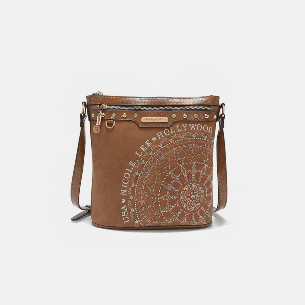 Small Metallic Stitching Rhinestone Crossbody Bag - Brown / One Size