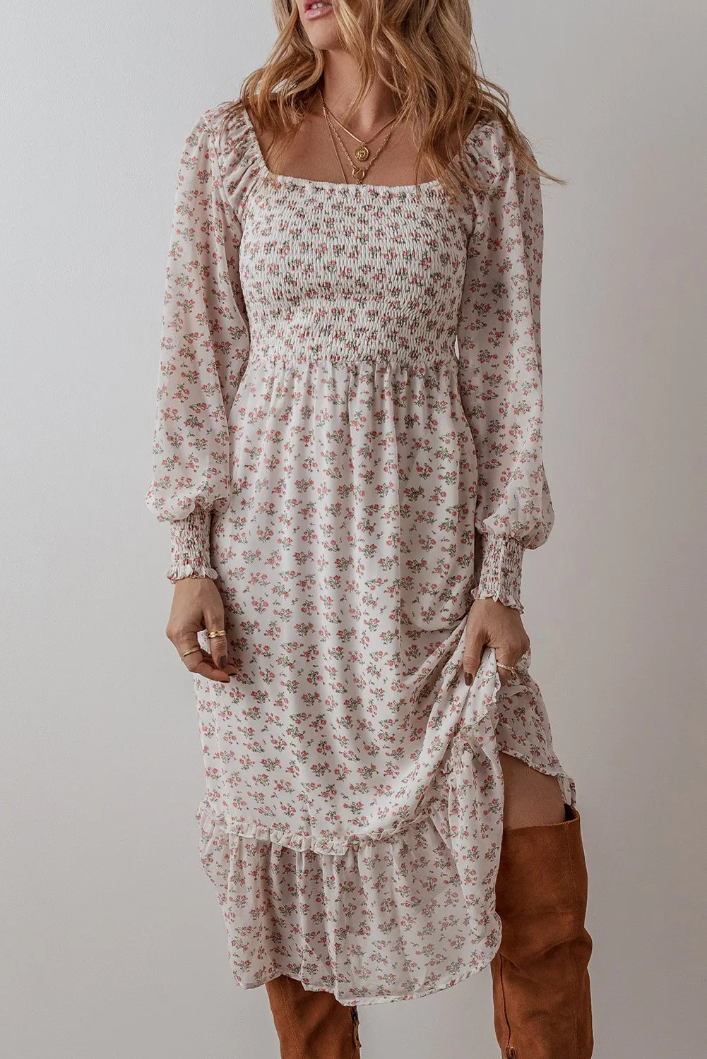 Smocked Floral Square Neck Long Sleeve Midi Dress - Floral / S