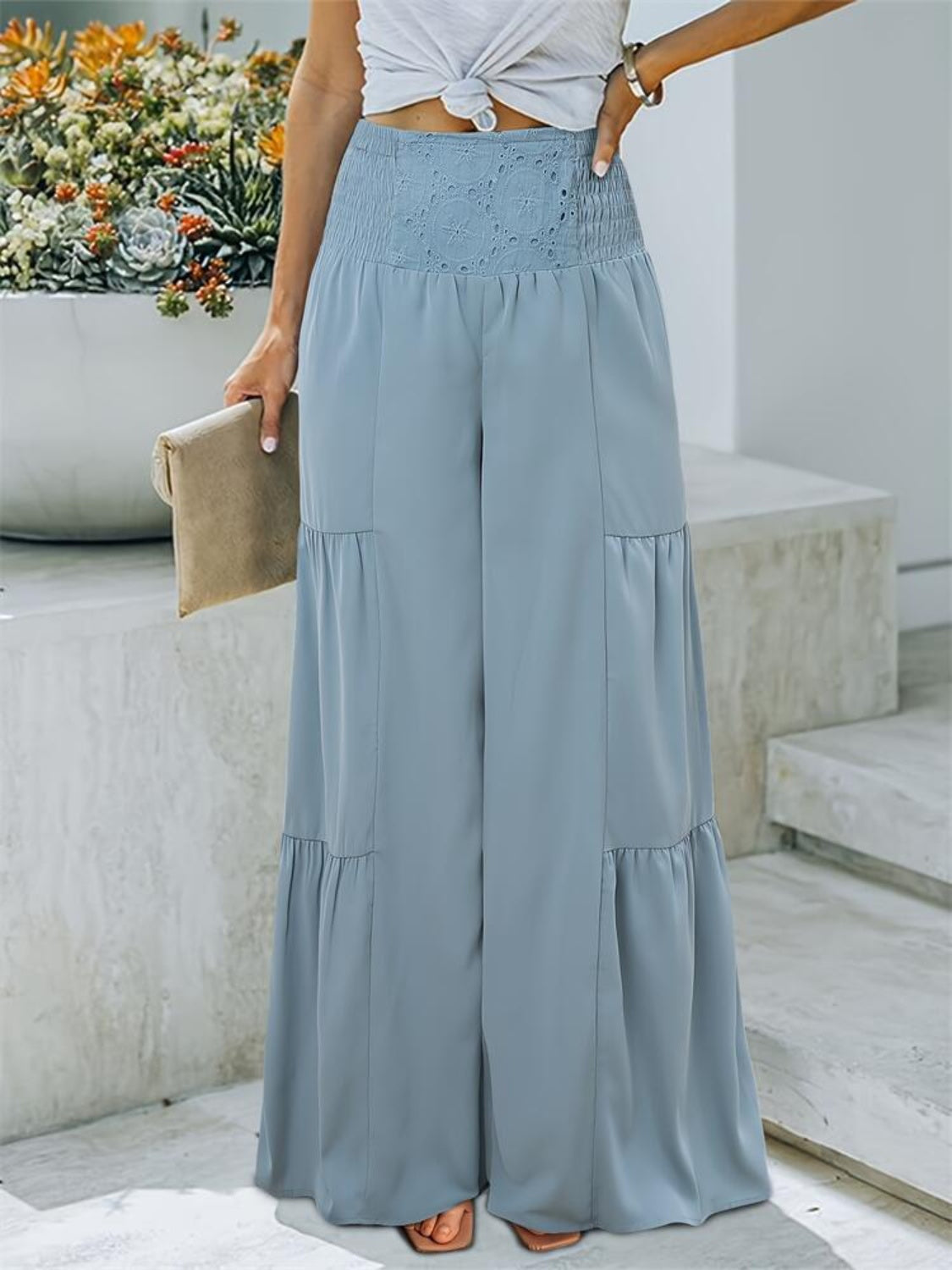 Smocked High Waist Pants - Light Blue / S