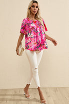 Smocked Printed Round Neck Half Sleeve Blouse