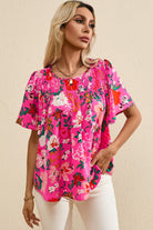 Smocked Printed Round Neck Half Sleeve Blouse - Hot Pink / S