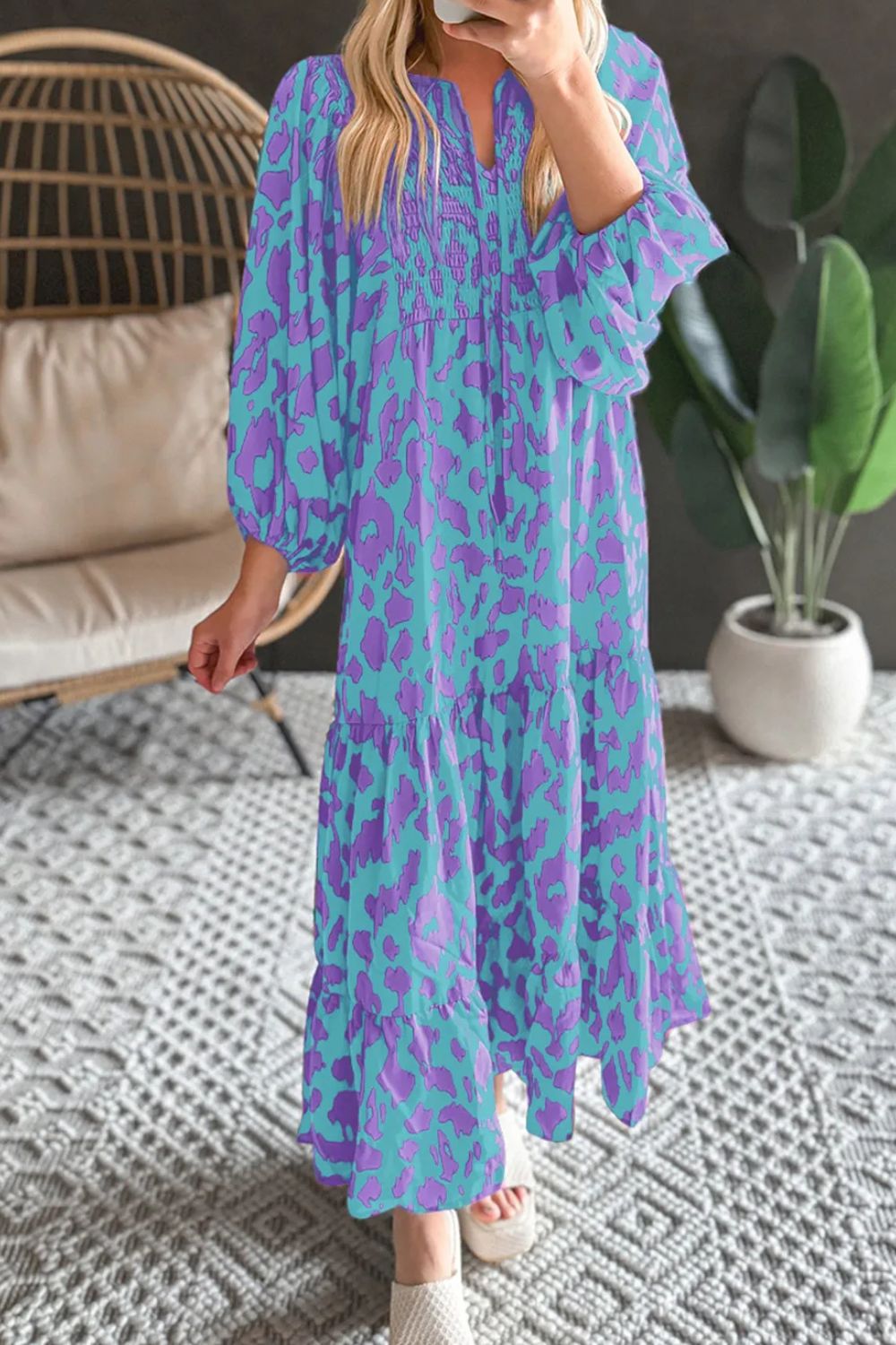 Smocked Printed Tie Neck Long Sleeve Dress - Cerulean / S