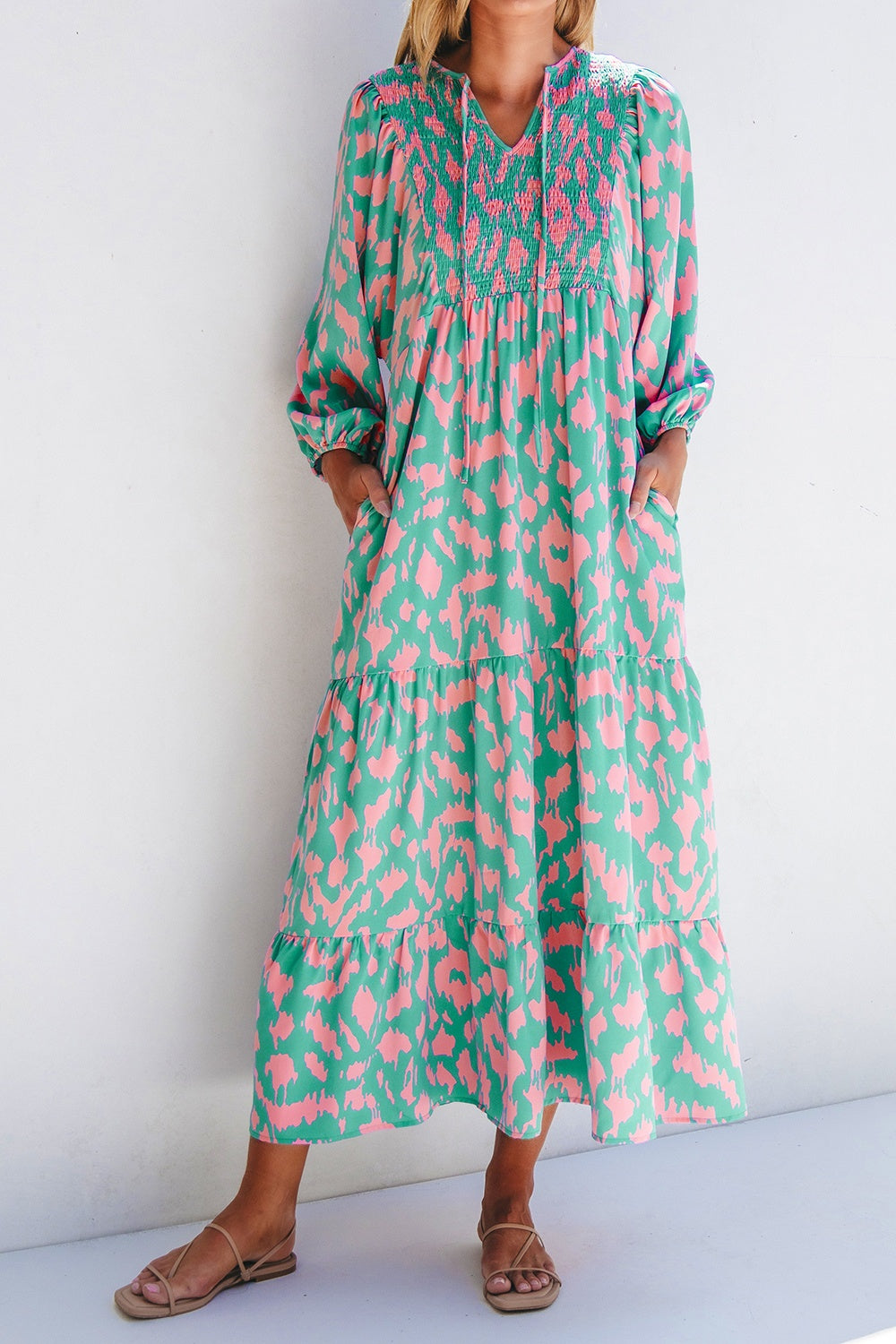 Smocked Printed Tie Neck Long Sleeve Dress - Turquoise / S