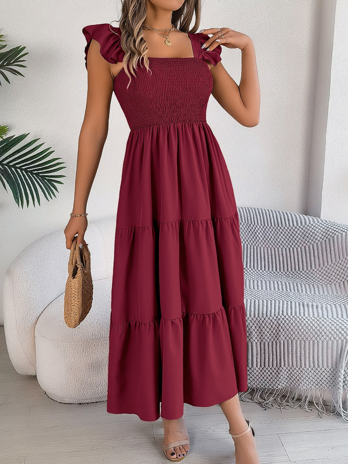 Smocked Square Neck Cap Sleeve Midi Dress - Burgundy / S