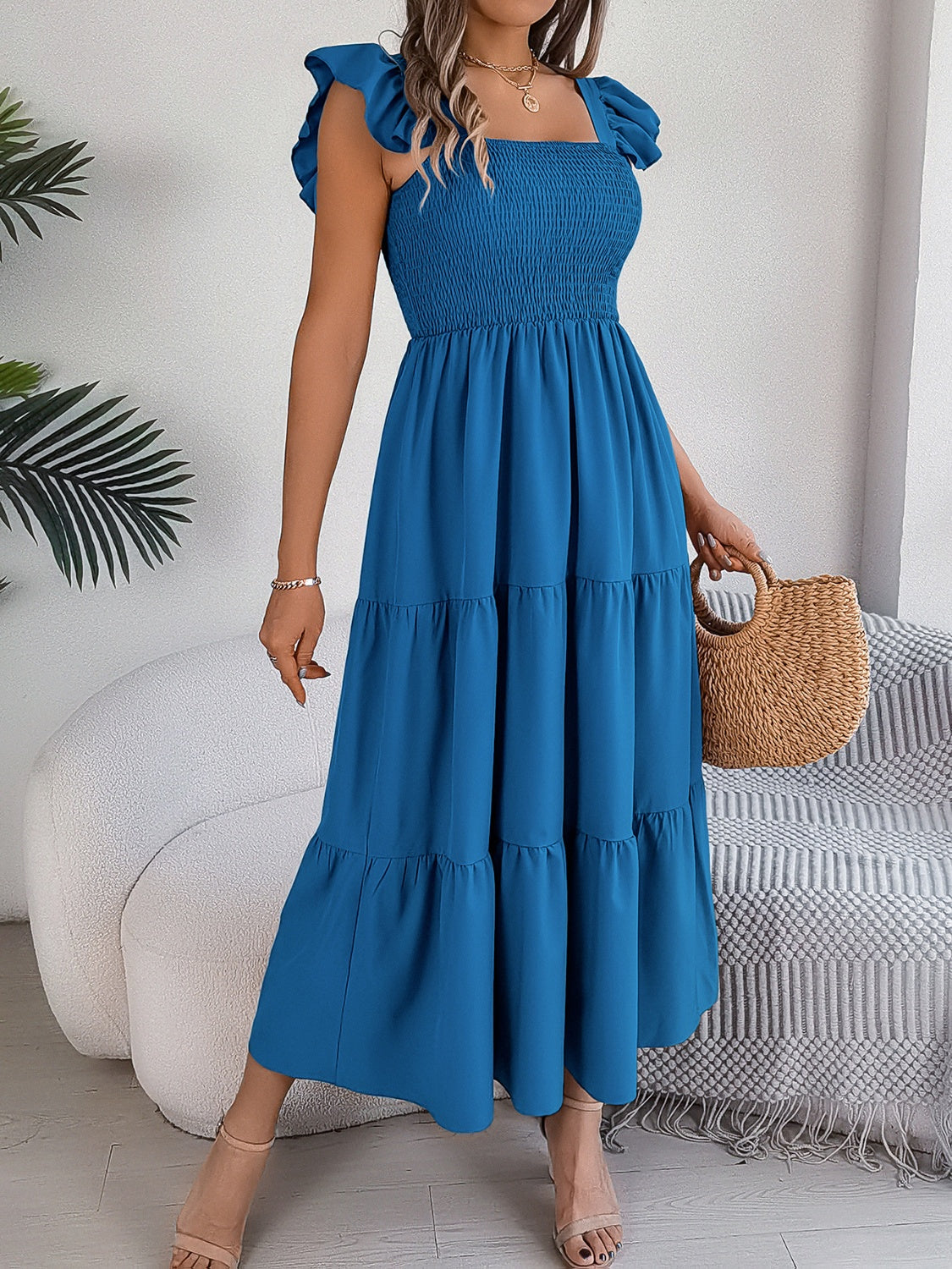 Smocked Square Neck Cap Sleeve Midi Dress - Royal Blue / S