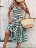 Smocked Striped Square Neck Midi Dress - Dark Green / S