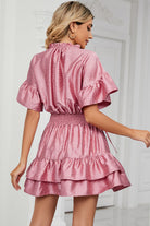 Smocked Tie Neck Flounce Sleeve Dress