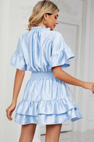 Smocked Tie Neck Flounce Sleeve Dress