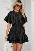 Smocked Tie Neck Flounce Sleeve Dress - Black / S