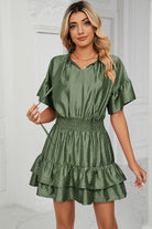 Smocked Tie Neck Flounce Sleeve Dress - Matcha Green / S