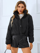 Snap and Zip Closure Drawstring Cropped Winter Coat - Black / XS