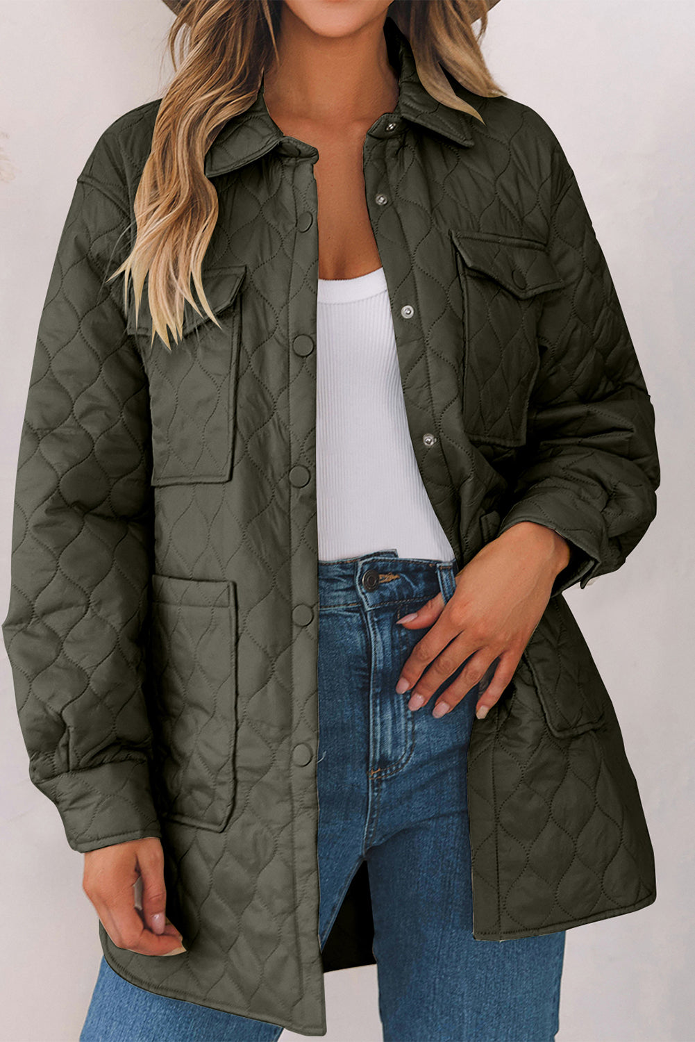 Snap Down Collared Winter Coat - Army Green / S
