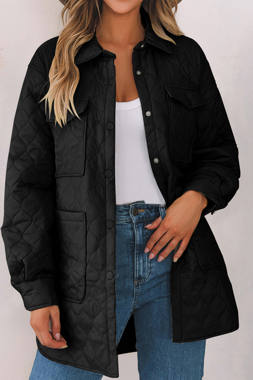 Snap Down Collared Winter Coat - Black / S