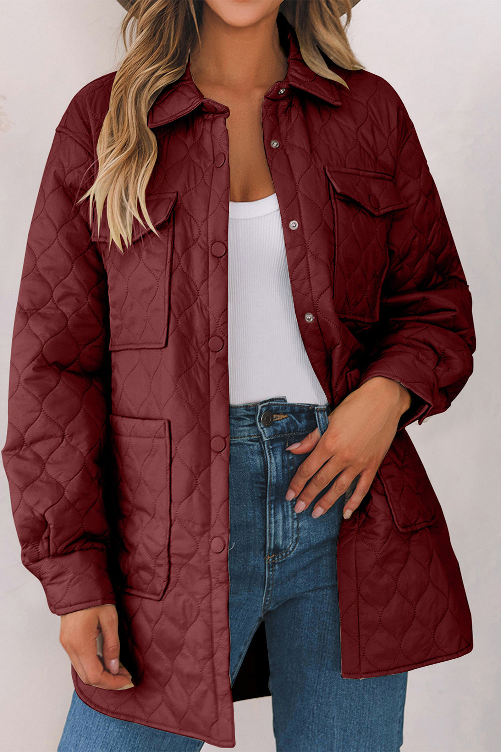 Snap Down Collared Winter Coat - Burgundy / S