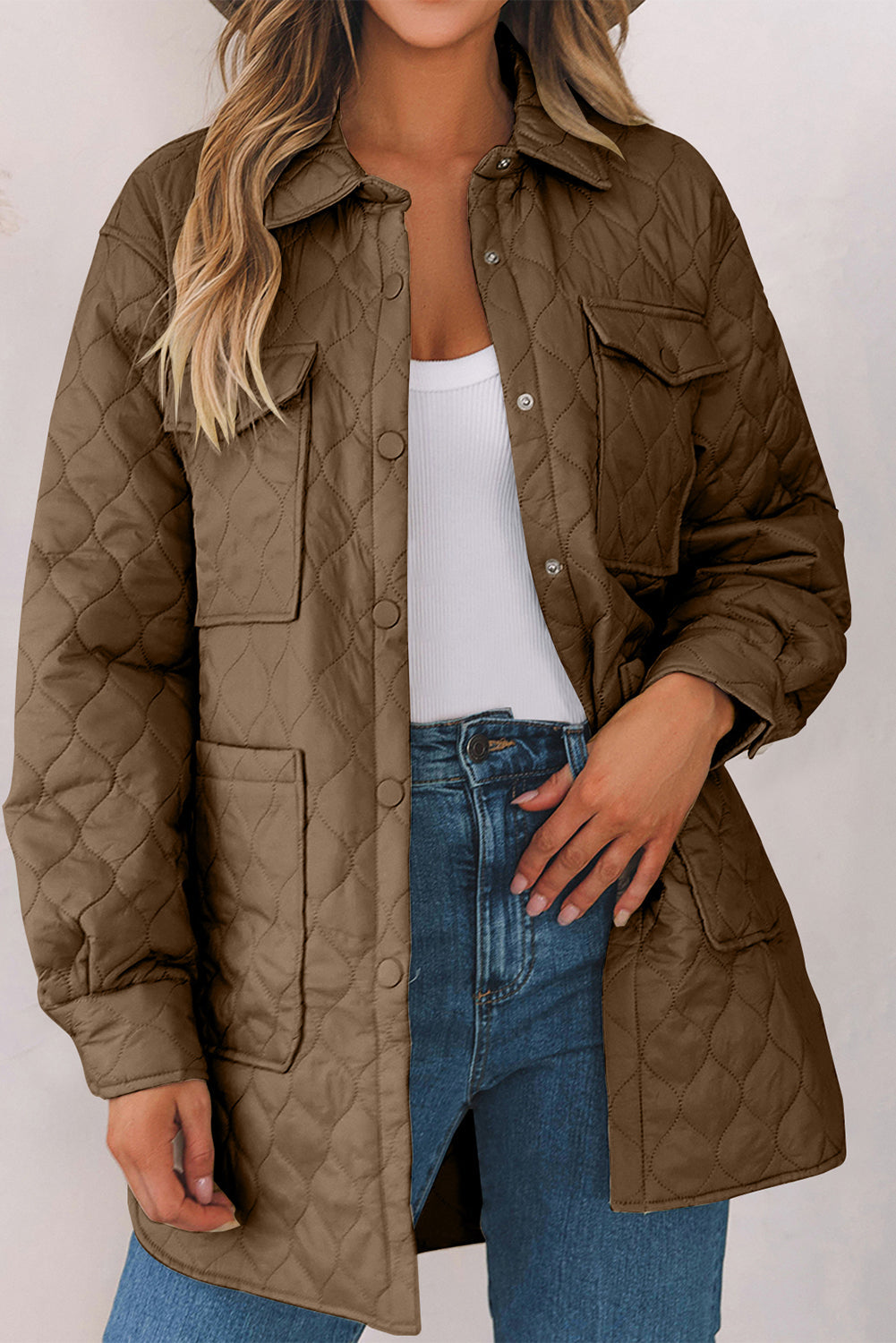 Snap Down Collared Winter Coat - Camel / S