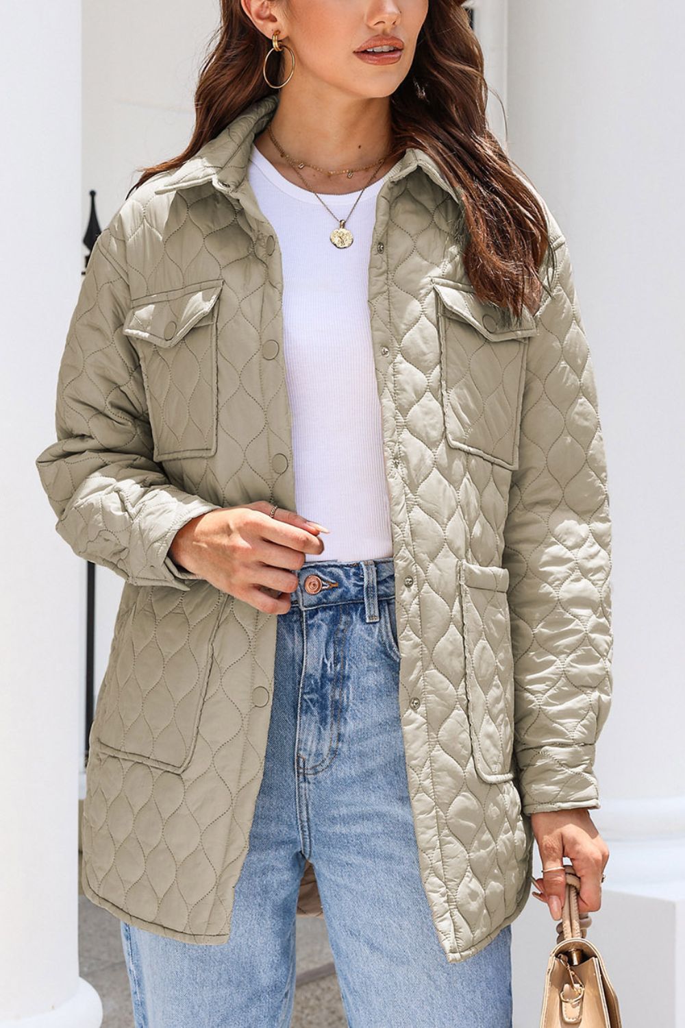 Snap Down Collared Winter Coat - Khaki / S